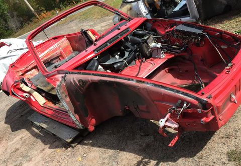 911 Body shell Cabrio Guards Red 1987 with wiring harness has fresh air - fuse box - master cylinder - a/c intact in smuggler's box.  CUT IN HALF.