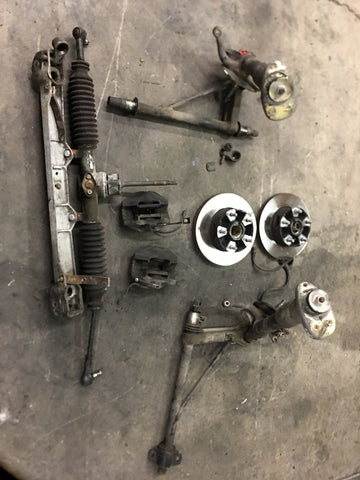 911 Five Bolt Carrera 3.2 front suspension assembly hubs rack arms struts rack no crossmember, included are stiff bars brakes and shocks 1984
