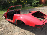 911 Body shell Cabrio Guards Red 1987 with wiring harness has fresh air - fuse box - master cylinder - a/c intact in smuggler's box.  CUT IN HALF.